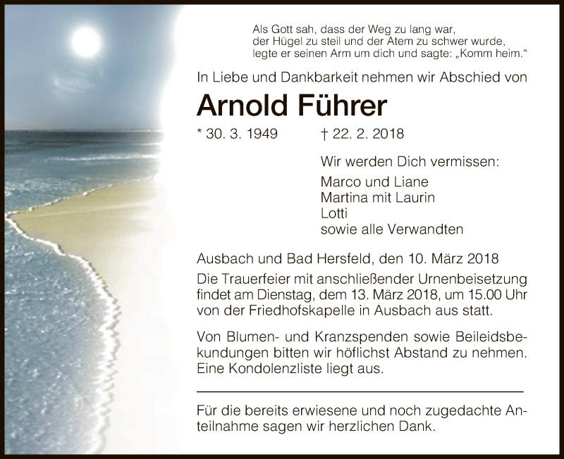  Traueranzeige für Arnold Führer vom 10.03.2018 aus Hersfeld