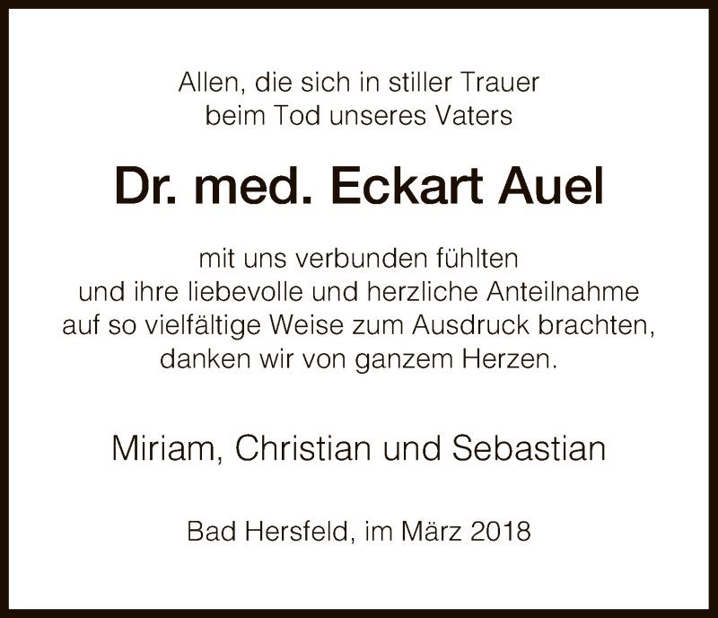  Traueranzeige für Eckart Auel vom 10.03.2018 aus Hersfeld