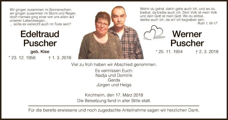  Traueranzeige für Edeltraud und Werner Puscher vom 17.03.2018 aus Hersfeld