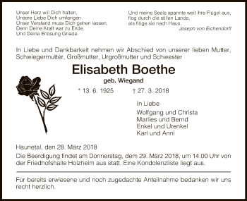 Traueranzeige von Elisabeth Boethe von Hersfeld