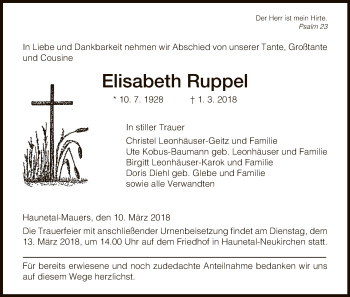 Traueranzeige von Elisabeth Ruppel von Hersfeld