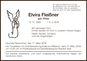 Traueranzeige von Elvira Fleißner von Hersfeld