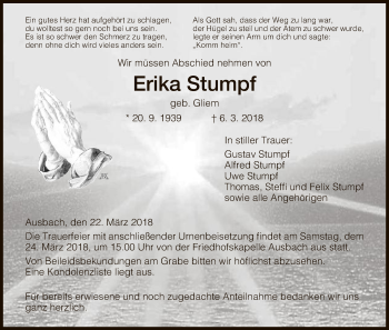 Traueranzeige von Erika Stumpf von Hersfeld