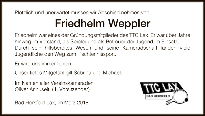  Traueranzeige für Friedhelm Weppler vom 13.03.2018 aus Hersfeld