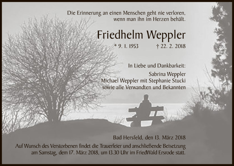  Traueranzeige für Friedhelm Weppler vom 13.03.2018 aus Hersfeld