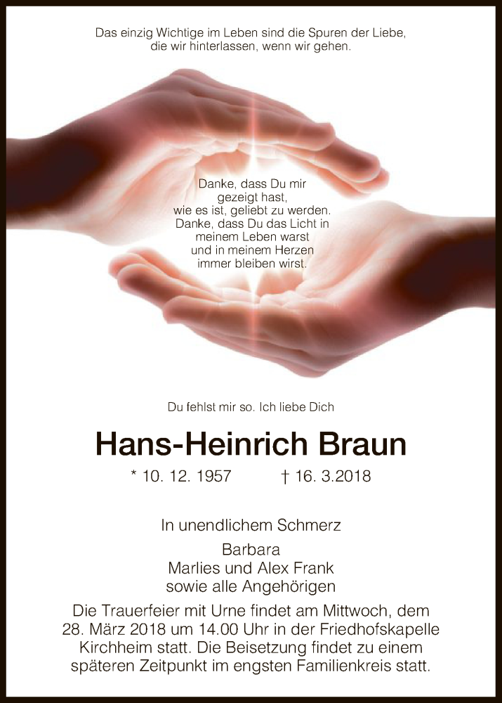  Traueranzeige für Hans-Heinrich Braun vom 24.03.2018 aus Hersfeld