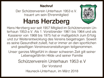 Traueranzeige von Hans Herzberg von Hersfeld