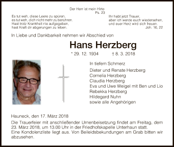 Traueranzeige von Hans Herzberg von Hersfeld