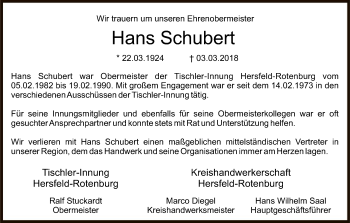 Traueranzeige von Hans Schubert von Hersfeld