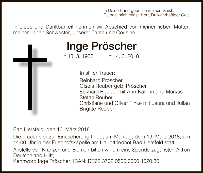  Traueranzeige für Inge Pröscher vom 16.03.2018 aus Hersfeld