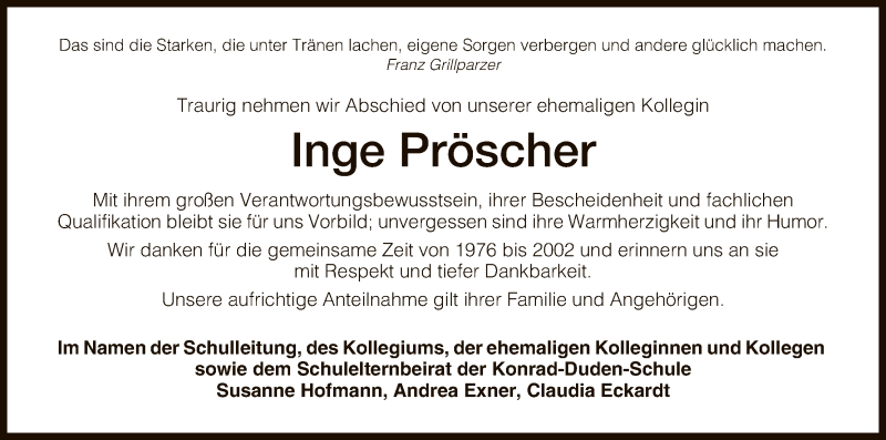  Traueranzeige für Inge Pröscher vom 20.03.2018 aus Hersfeld