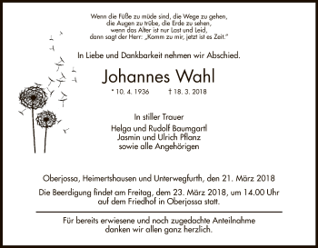 Traueranzeige von Johannes Wahl von Hersfeld