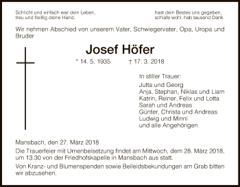 Traueranzeige von Josef Höfer von Hersfeld