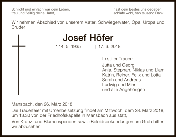 Traueranzeige von Josef Höfer von Hersfeld