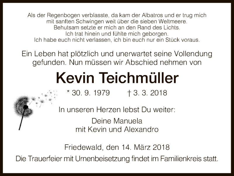  Traueranzeige für Kevin Teichmüller vom 14.03.2018 aus Hersfeld