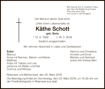 Traueranzeige von Käthe Schott von Hersfeld