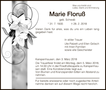 Traueranzeige von Marie Floruß von Hersfeld