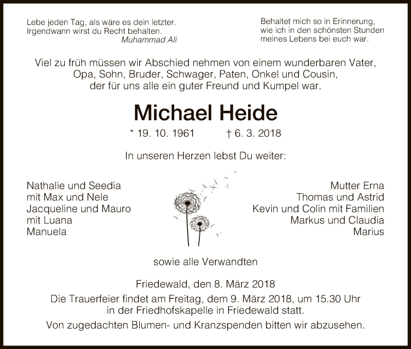  Traueranzeige für Michael Heide vom 08.03.2018 aus Hersfeld