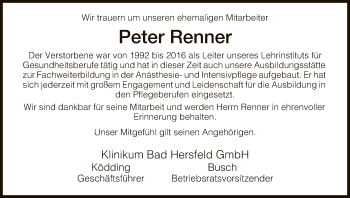 Traueranzeige von Peter Renner von Hersfeld