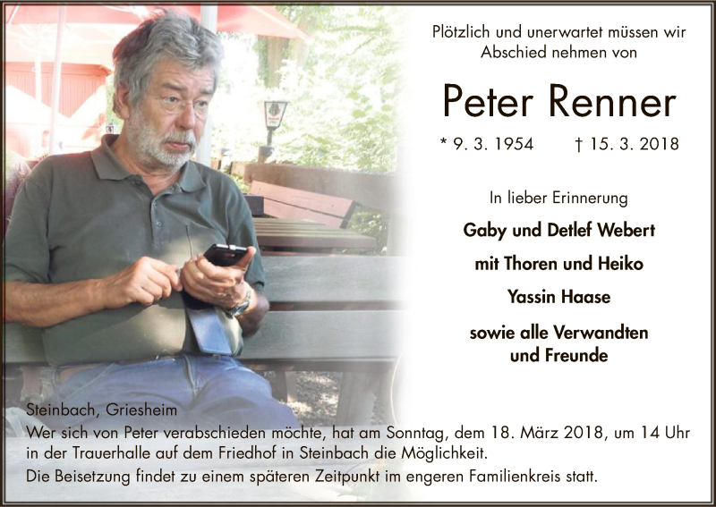  Traueranzeige für Peter Renner vom 17.03.2018 aus Hersfeld