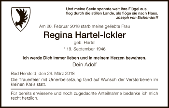 Traueranzeige von Regina Hartel-Ickler von Hersfeld