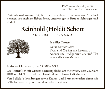 Traueranzeige von Reinhold Schott von Hersfeld