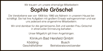 Traueranzeige von Sophie Gröschel von Hersfeld