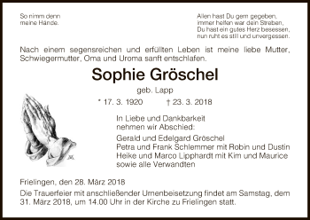 Traueranzeige von Sophie Gröschel von Hersfeld