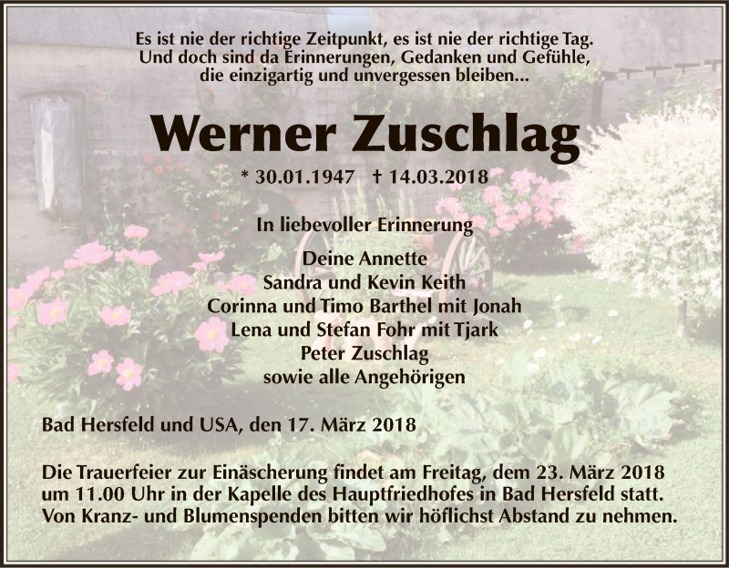  Traueranzeige für Werner Zuschlag vom 17.03.2018 aus Hersfeld