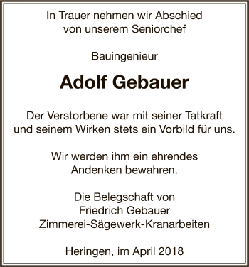 Traueranzeige von Adolf Gebauer von Hersfeld