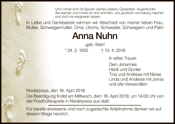 Traueranzeige von Anna Nuhn von Hersfeld