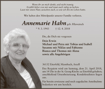 Traueranzeige von Annemarie Hahn von Hersfeld