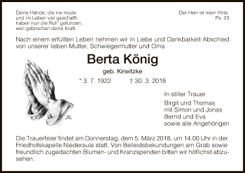 Traueranzeige von Berta König von Hersfeld