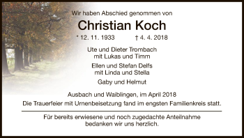 Traueranzeige von Christian Koch von Hersfeld