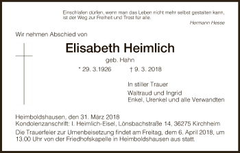 Traueranzeige von Elisabeth Heimlich von Hersfeld