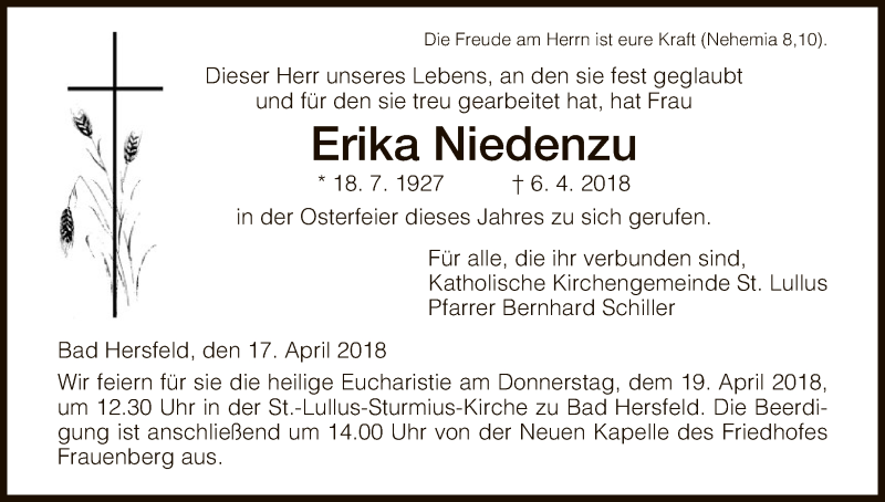  Traueranzeige für Erika Niedenzu vom 17.04.2018 aus Hersfeld