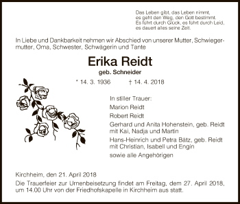 Traueranzeige von Erika Reidt von Hersfeld