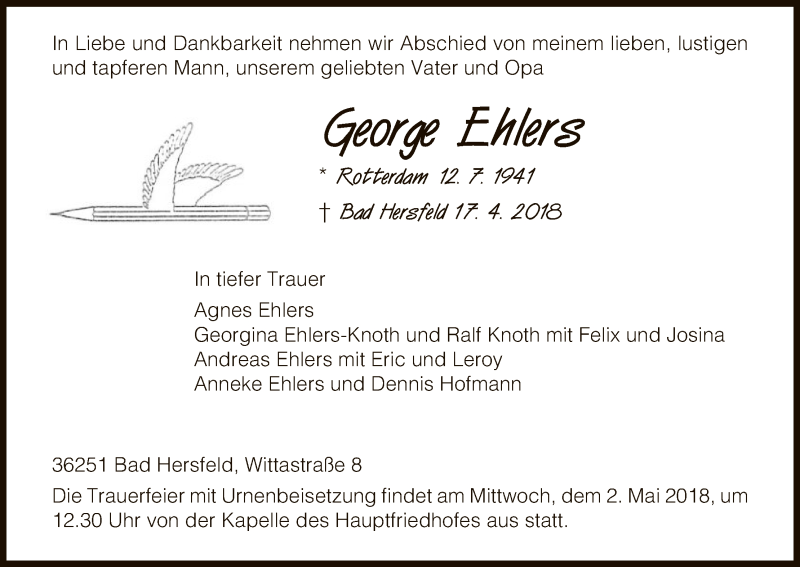  Traueranzeige für George Ehlers vom 21.04.2018 aus Hersfeld