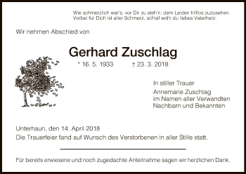 Traueranzeige von Gerhard Zuschlag von Hersfeld