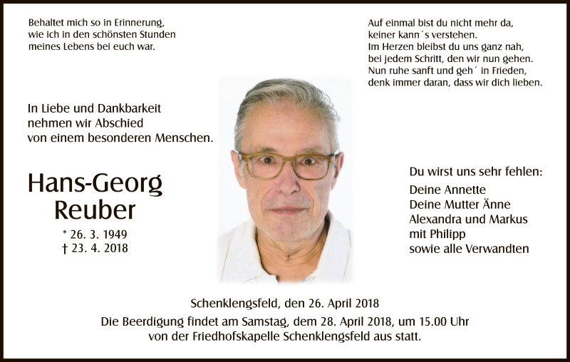  Traueranzeige für Hans-Georg Reuber vom 26.04.2018 aus Hersfeld