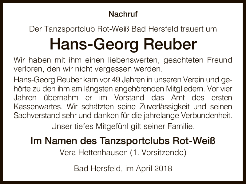  Traueranzeige für Hans-Georg Reuber vom 27.04.2018 aus Hersfeld