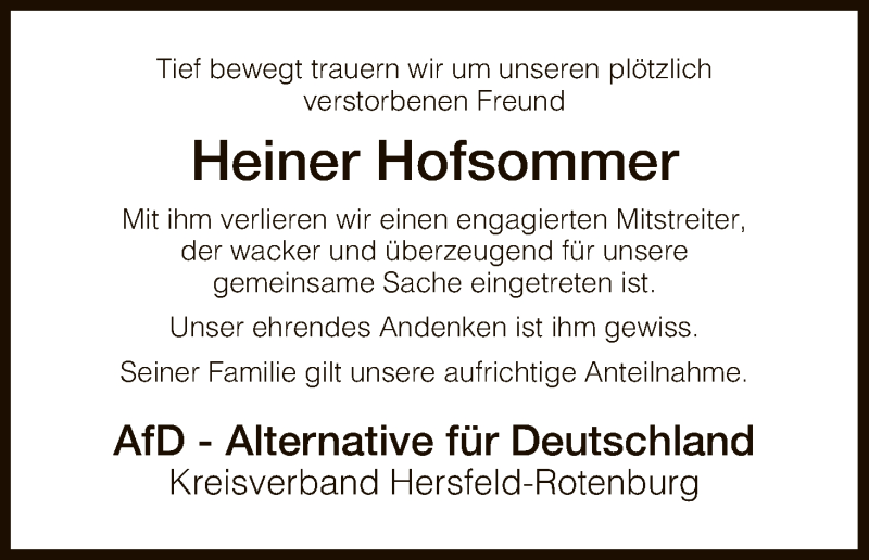 Traueranzeige für Heiner Hofsommer vom 14.04.2018 aus Hersfeld