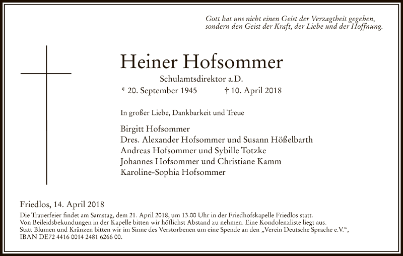  Traueranzeige für Heiner Hofsommer vom 14.04.2018 aus Hersfeld