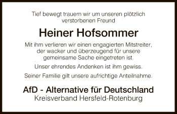 Traueranzeige von Heiner Hofsommer von Hersfeld