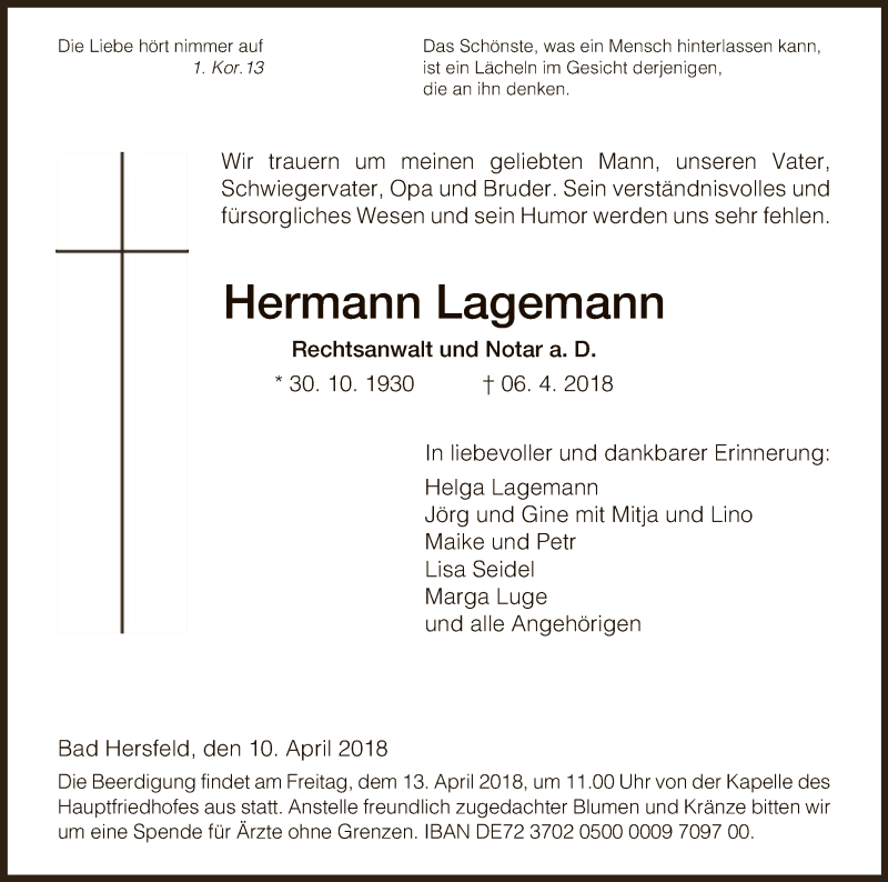  Traueranzeige für Hermann Lagemann vom 10.04.2018 aus Hersfeld