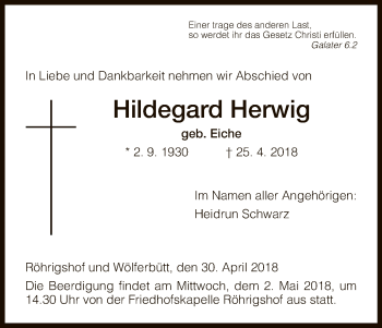 Traueranzeige von Hildegard Herwig von Hersfeld