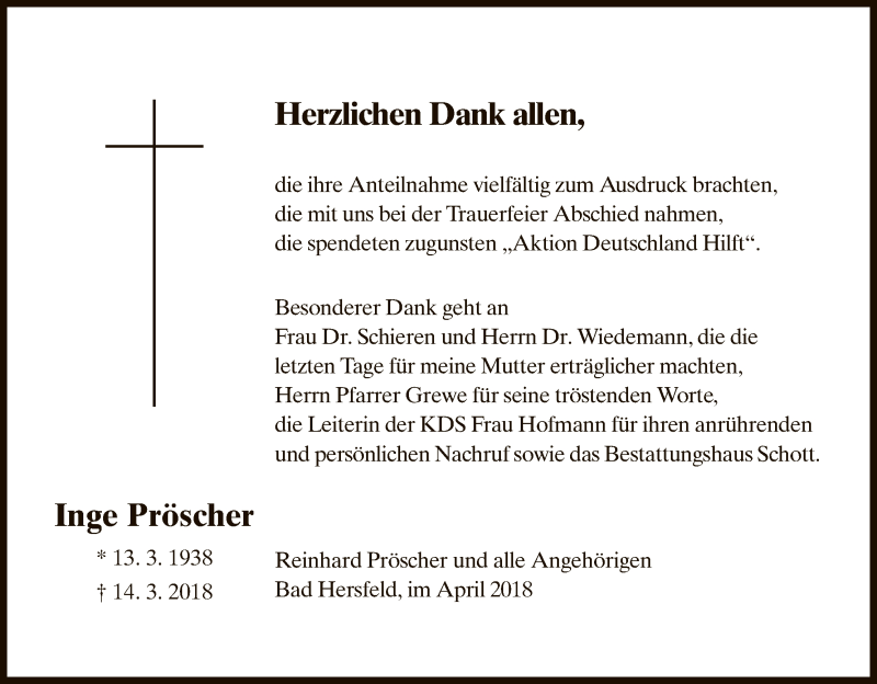 Traueranzeige für Inge Pröscher vom 28.04.2018 aus Hersfeld