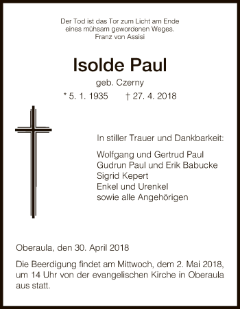 Traueranzeige von Isolde Paul von Hersfeld