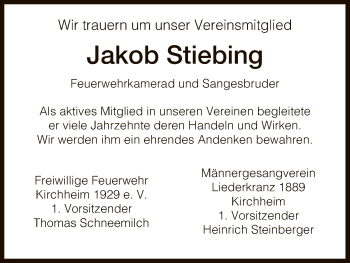 Traueranzeige von Jakob Stiebing von Hersfeld