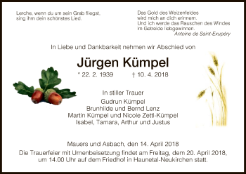 Traueranzeige von Jürgen Kümpel von Hersfeld